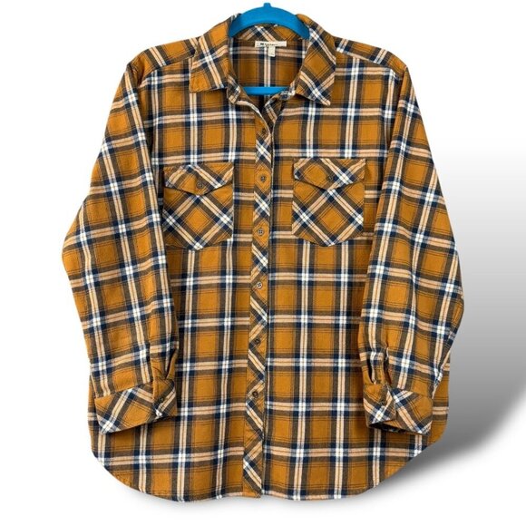 Hester & Orchard Flannel Shirt Womens Sz L Gold/Navy Plaid Long Sleeve Button-Up - Picture 1 of 8